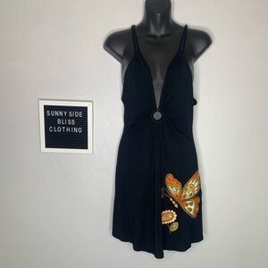 Soul Revival Black Deep V Neck Embroidered Butterfly Mini Dress Size Large